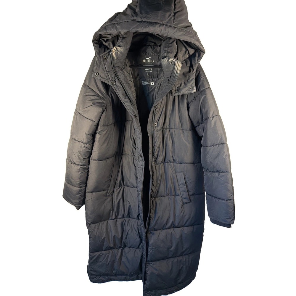 Hollister Women's Large Black Long Sleeve Hooded Full-Zip Winter Puffer Jacket